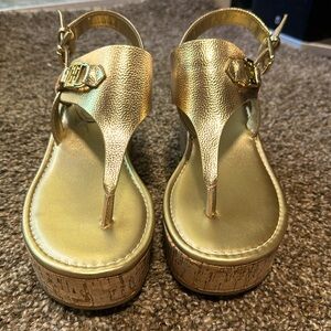 Gold Tommy Hilfiger cork heel platform sandals